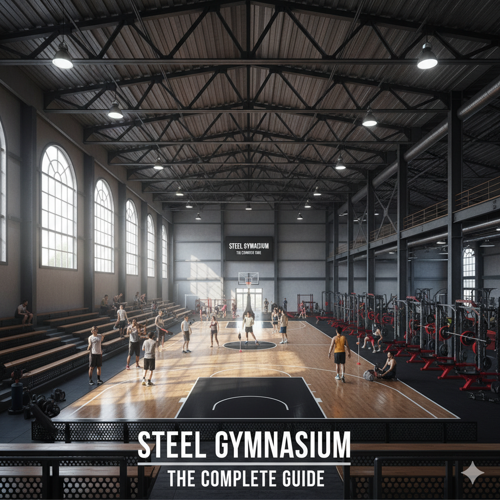 People play basketball and work out inside a spacious steel gymnasium with high arched windows.