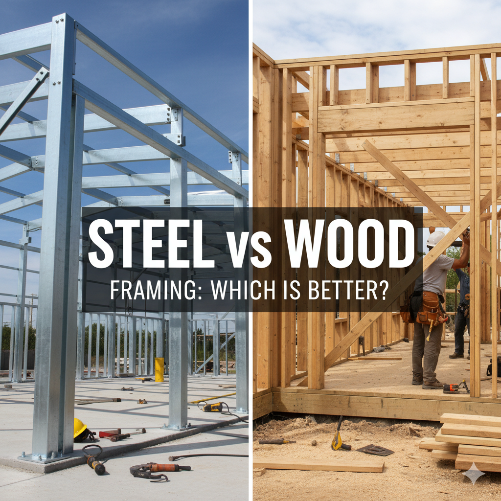 Side-by-side comparison of steel framing and wood framing with text "Steel vs Wood Framing: Which is Better?