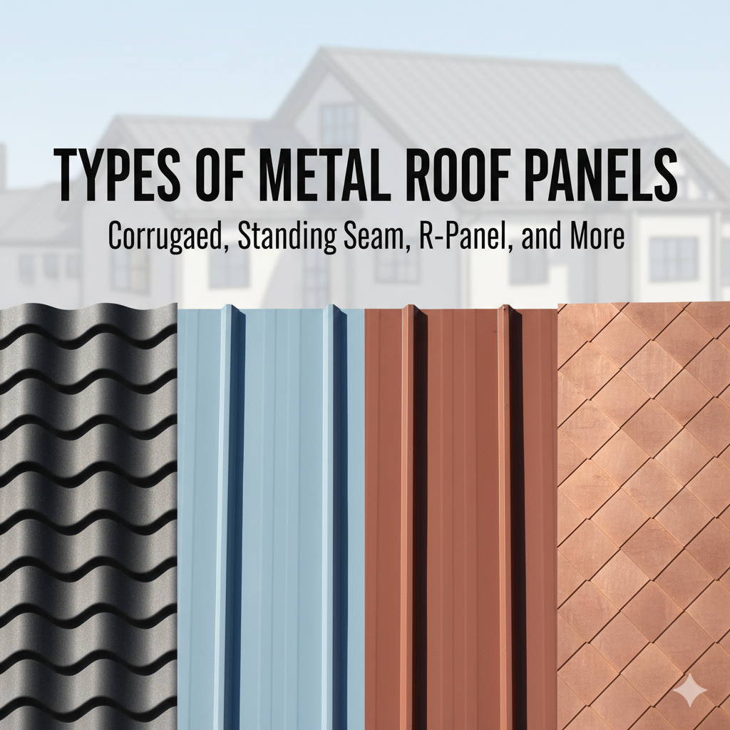 Display of different types of metal roof panels including corrugated, standing seam, R-panel, and shingles.
