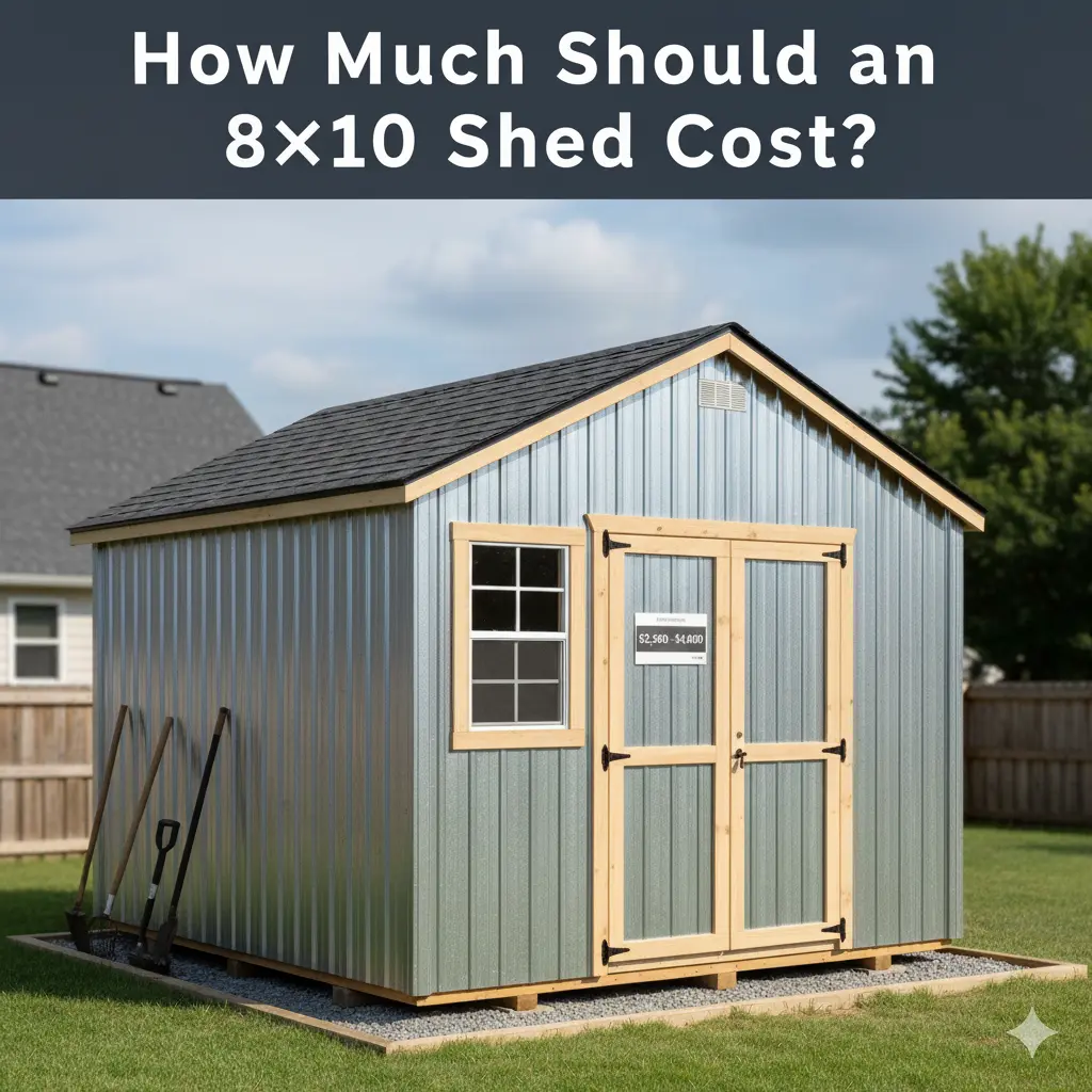 Metal 8×10 shed with price range displayed on door in a backyard setting.