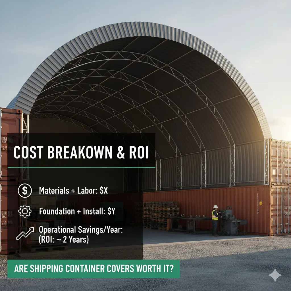 Large container cover structure with worker inside and cost breakdown overlay on screen