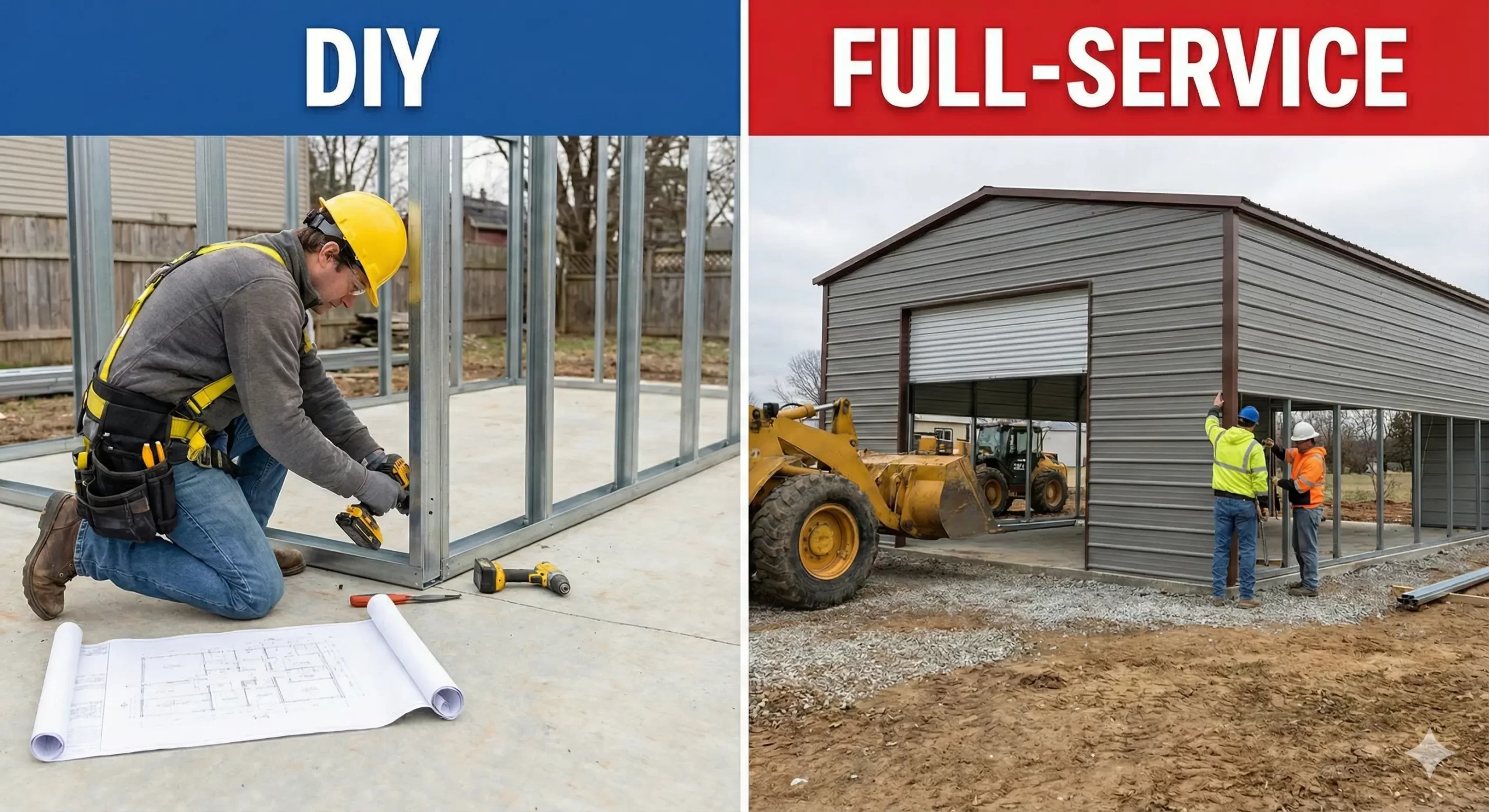 Side-by-side comparison of DIY steel framing work and full-service metal building installation