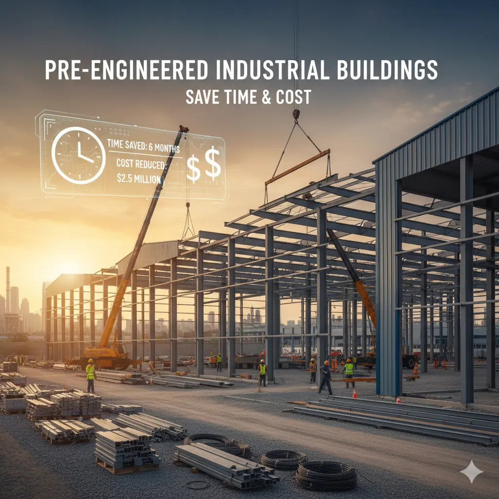 Construction crew assembling pre-engineered steel building with cranes at sunset.