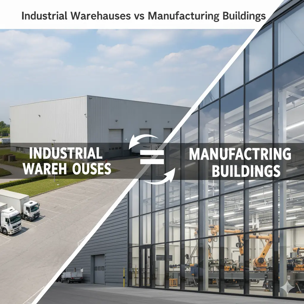 Split image comparing industrial warehouse exterior with manufacturing building interior