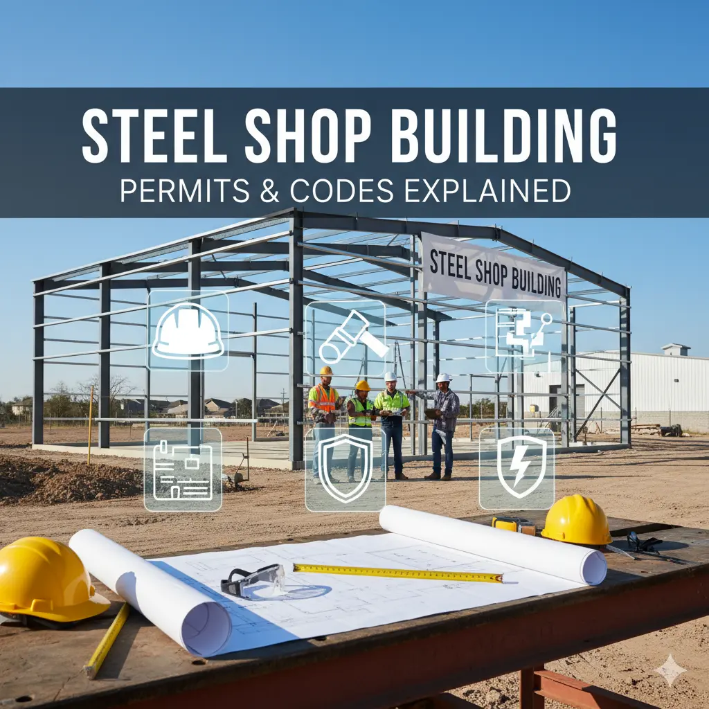 Workers review plans at steel shop building site with safety icons and permit-related tools