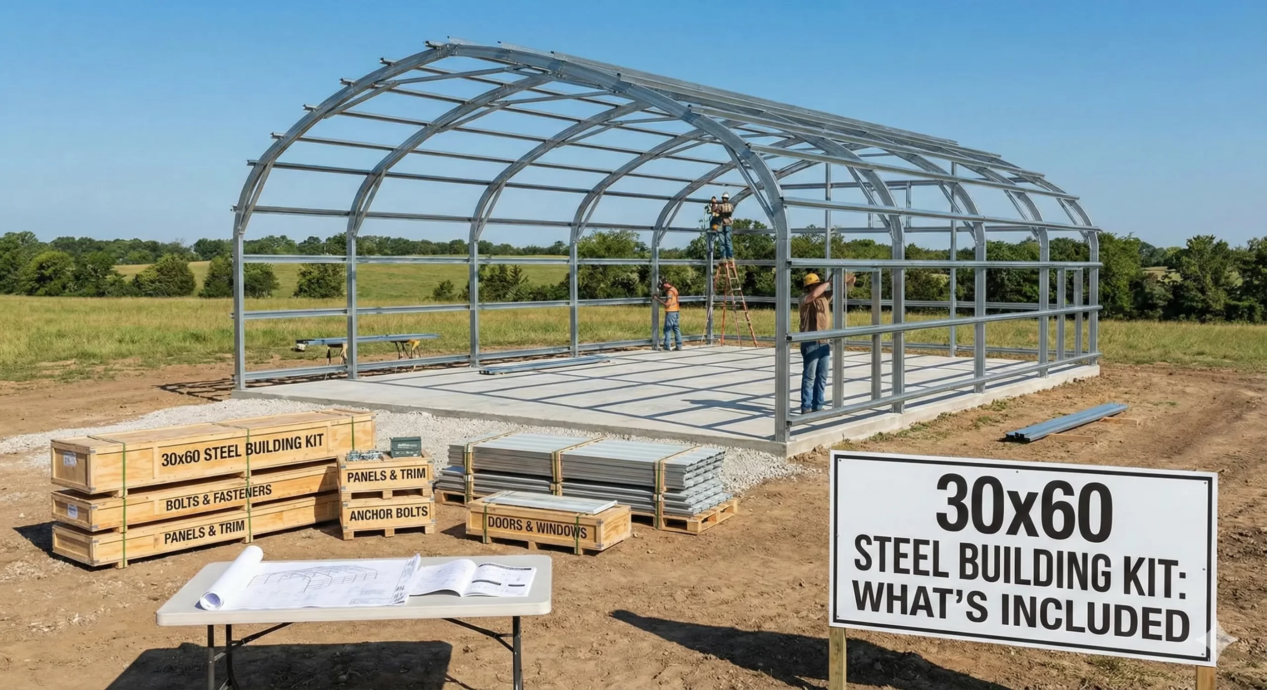 Crew assembles 30×60 steel building frame beside labeled kit crates, panels, and plans