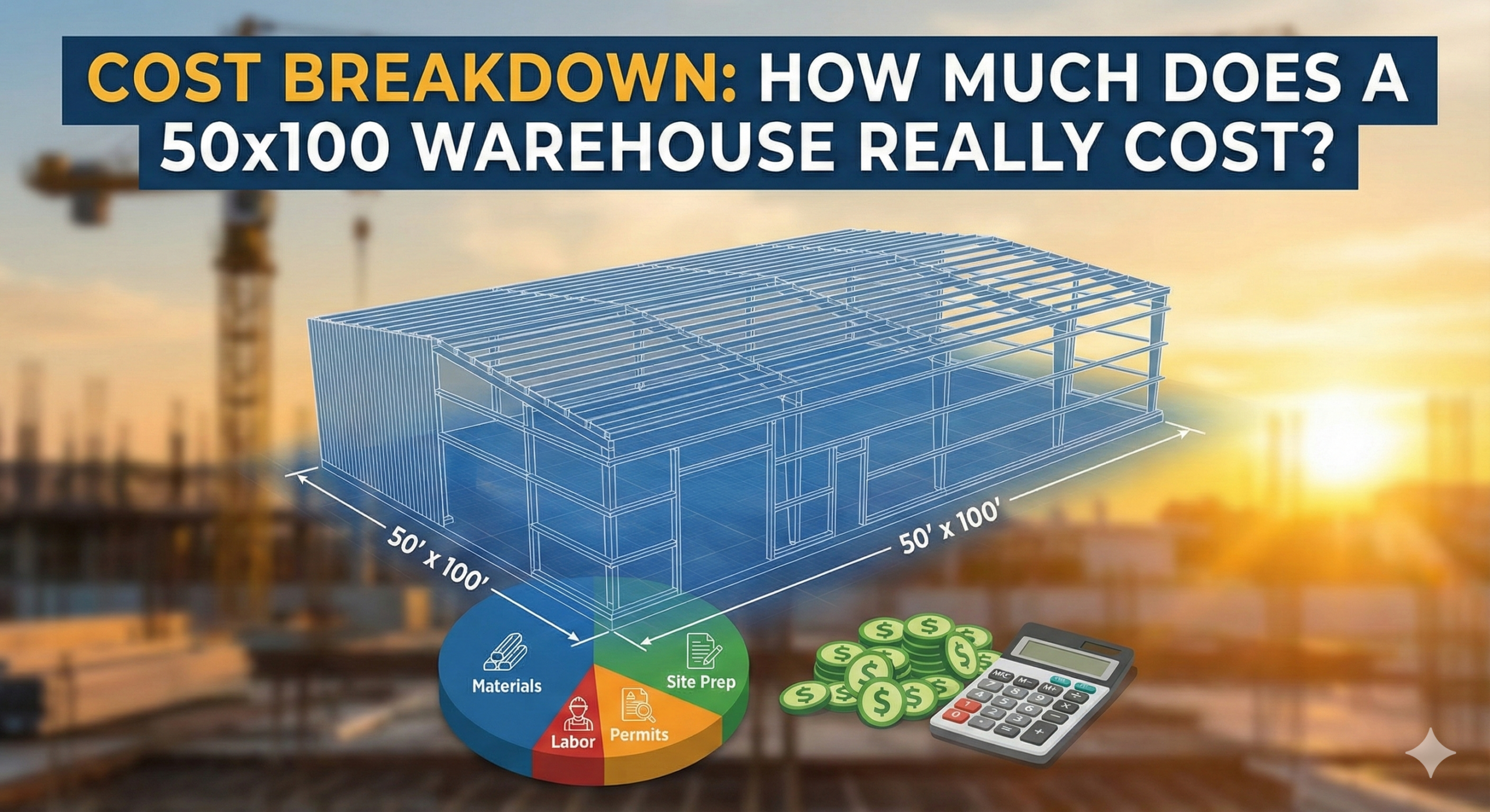 Graphic showing 50×100 warehouse cost breakdown with blueprint, pie chart, money icons, and calculator