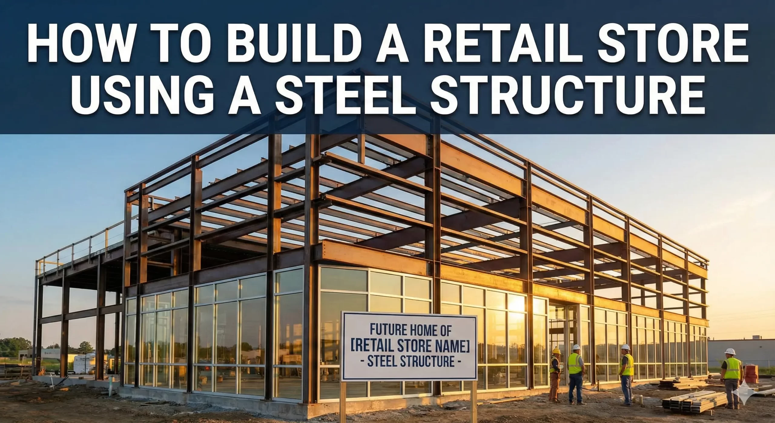 Steel-framed retail building under construction with workers and sign at sunset