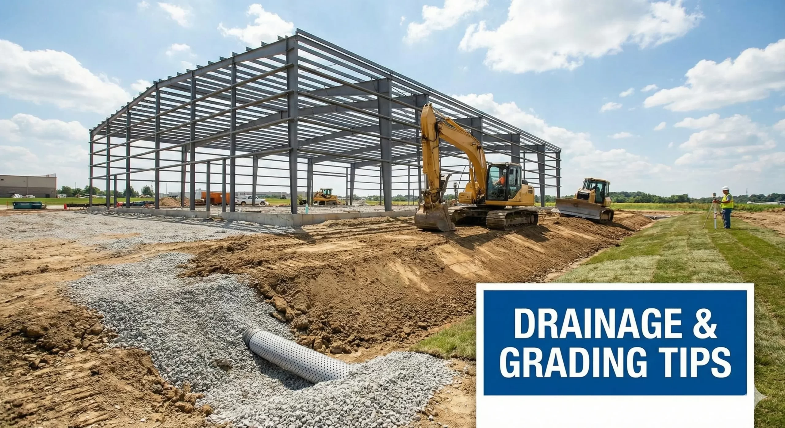 Construction site grading with excavators around steel building frame and drainage pipe