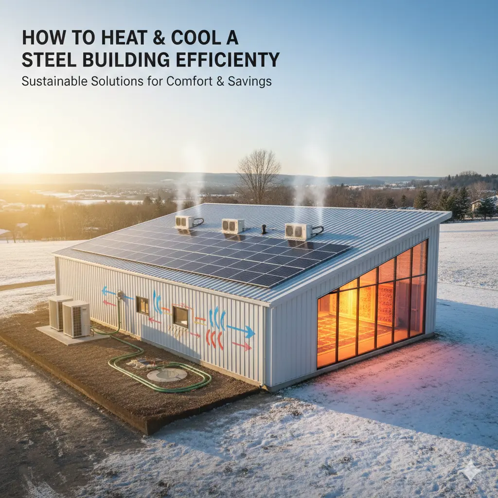 Steel building with solar panels and HVAC in the snow with text overlay.