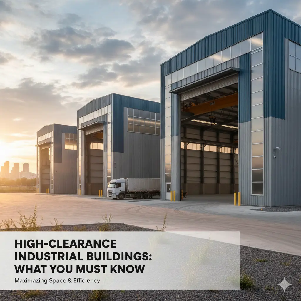 High-clearance industrial buildings with large open doors and a truck, with text overlay.
