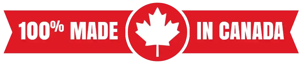 Red banner with white maple leaf icon and text: 100% MADE IN CANADA.