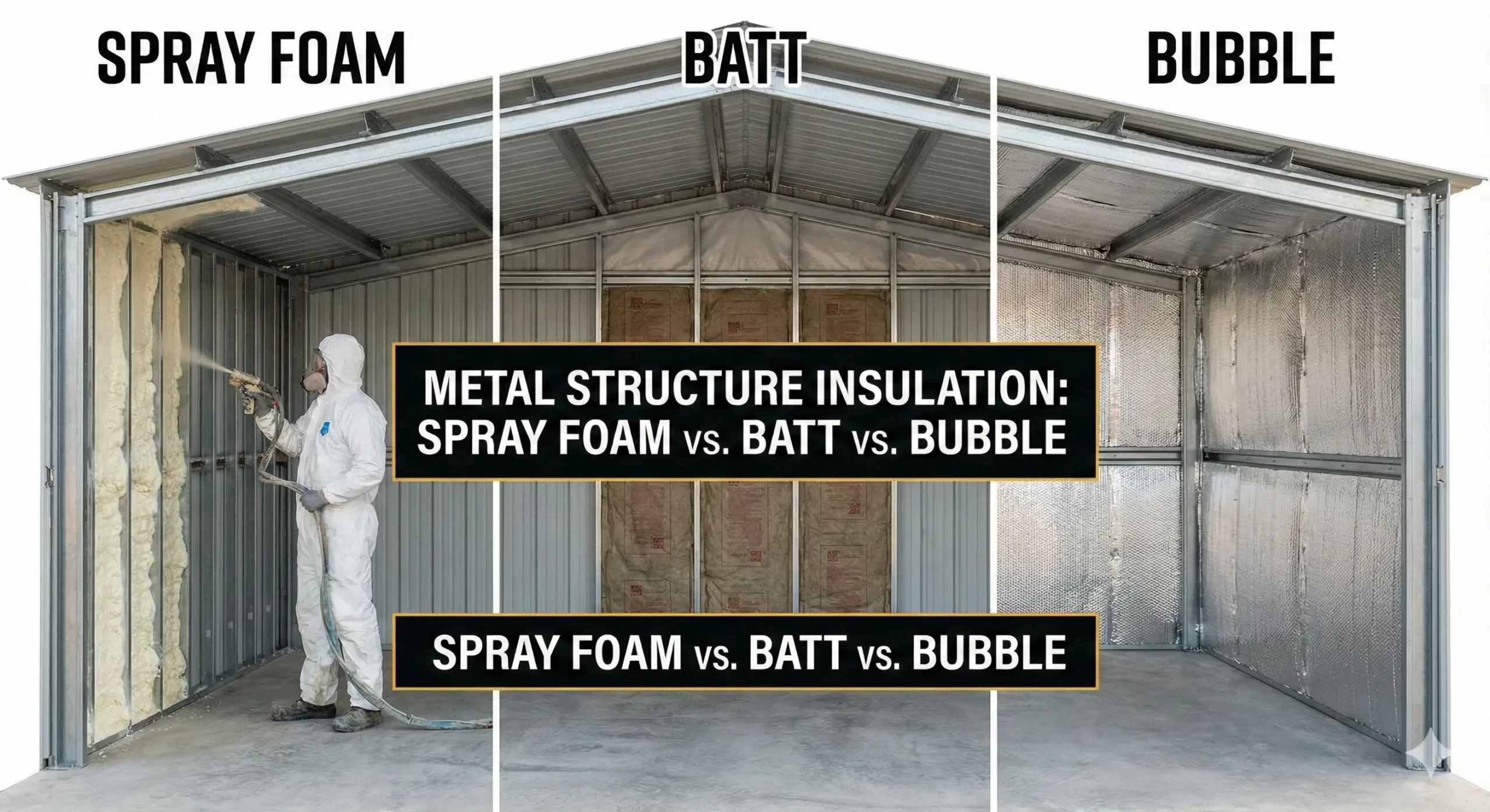 Spray foam, batt, and bubble insulation compared side-by-side inside a metal building.