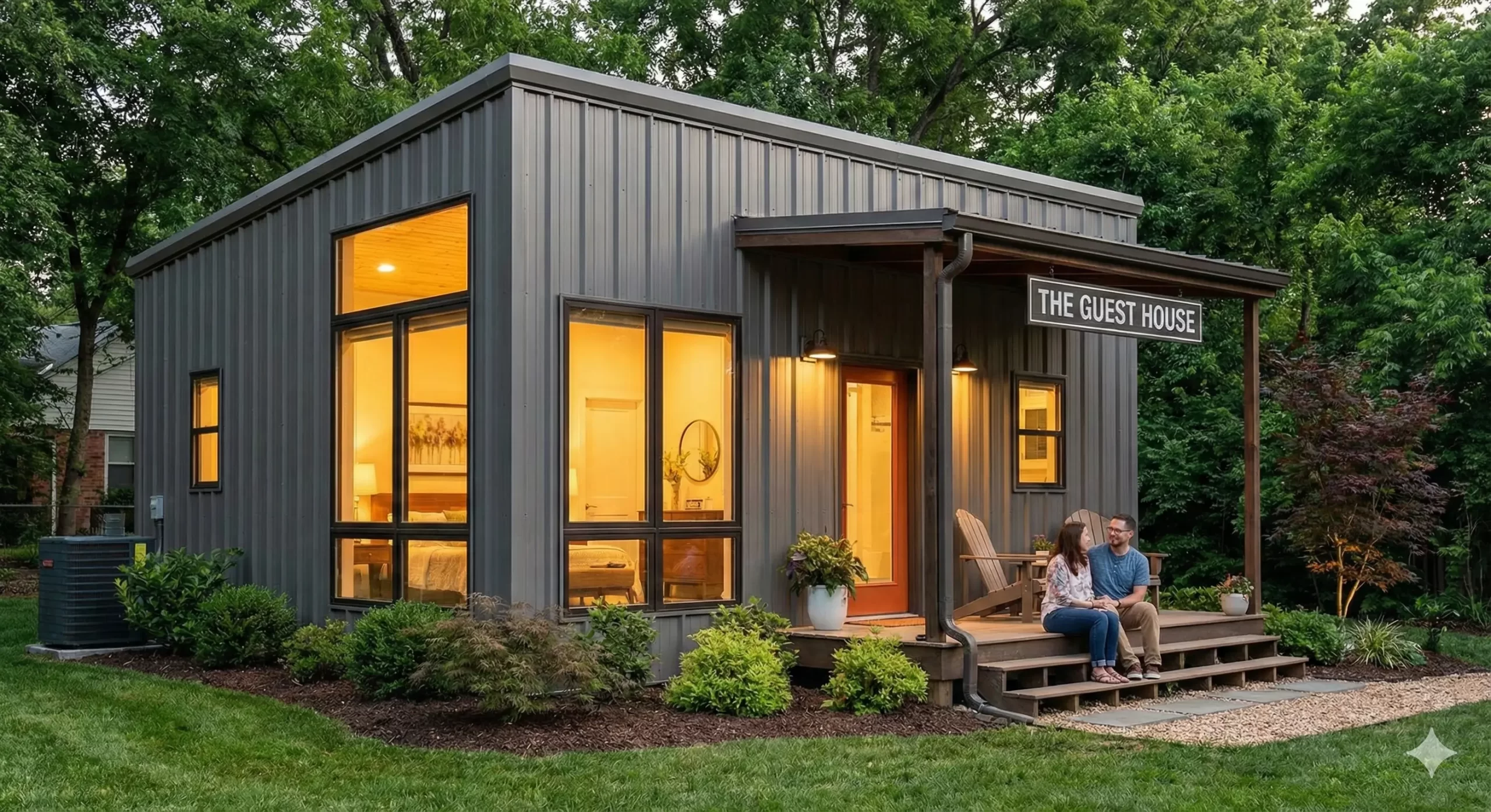 Modern steel guest house with warm lighting, porch seating, and trees at dusk