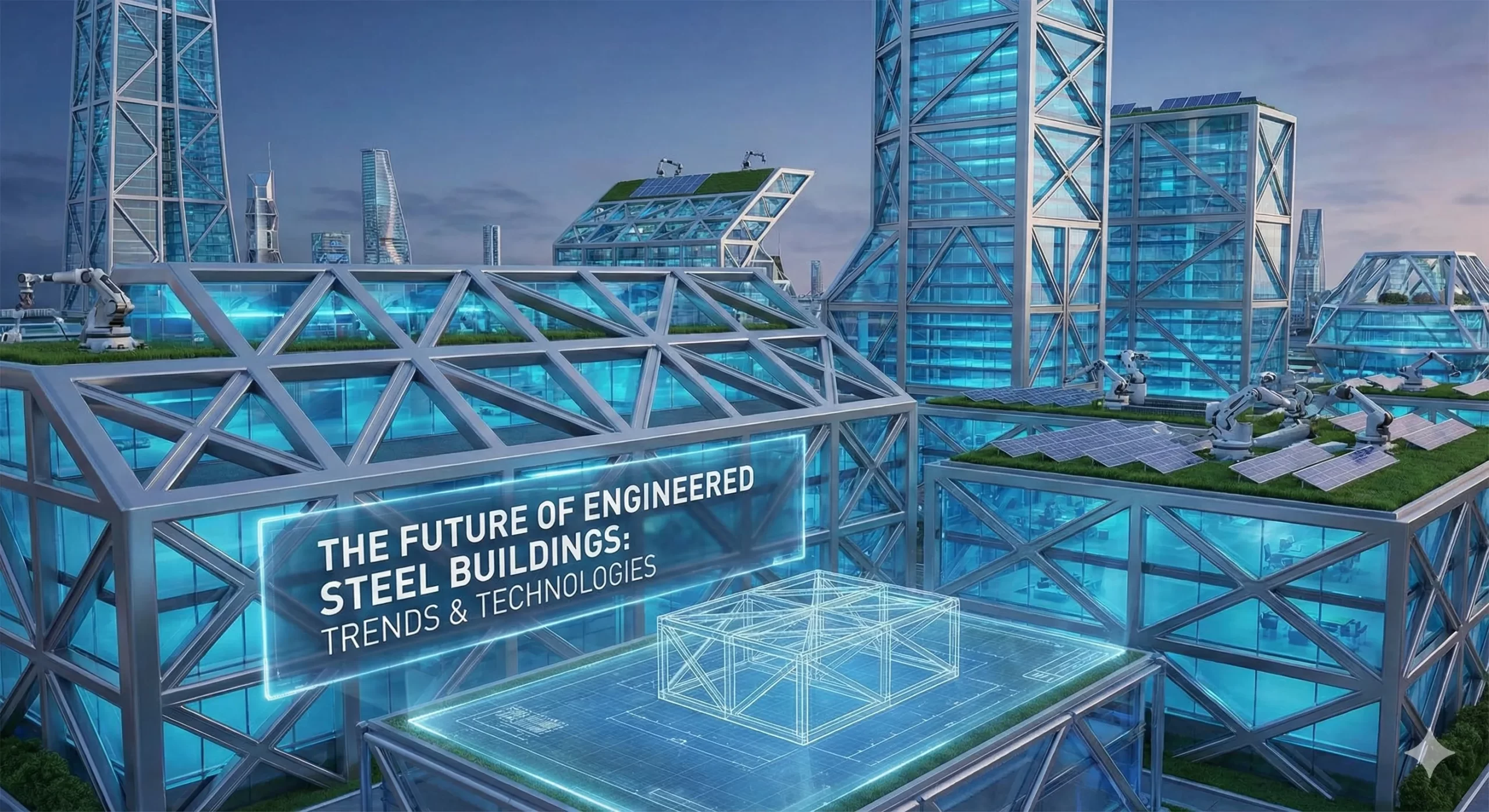 Futuristic city of steel-frame buildings with robots, solar roofs, and glowing digital blueprints