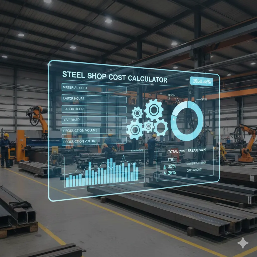 Steel Shop Cost Calculator digital display with data analytics on a factory floor.