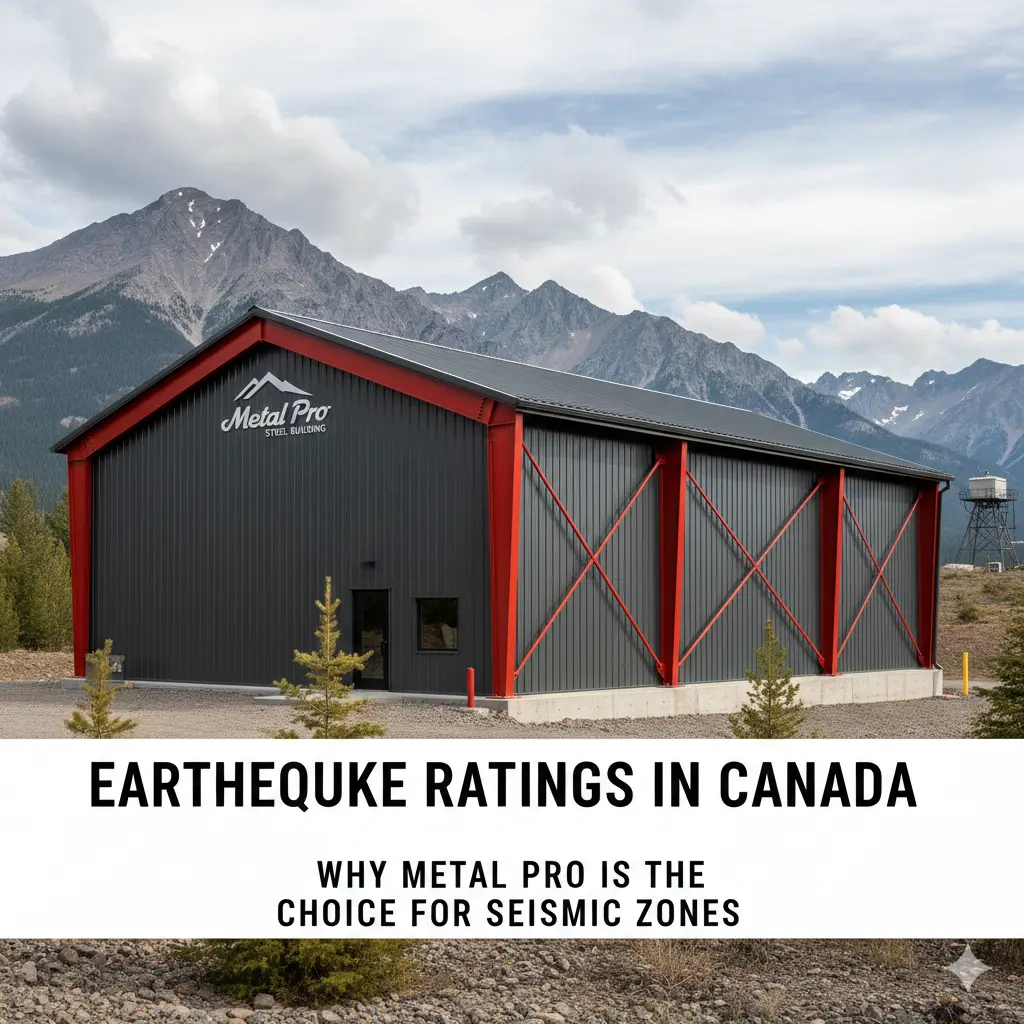 Metal Pro steel building in a mountainous landscape, emphasizing earthquake ratings in Canada.