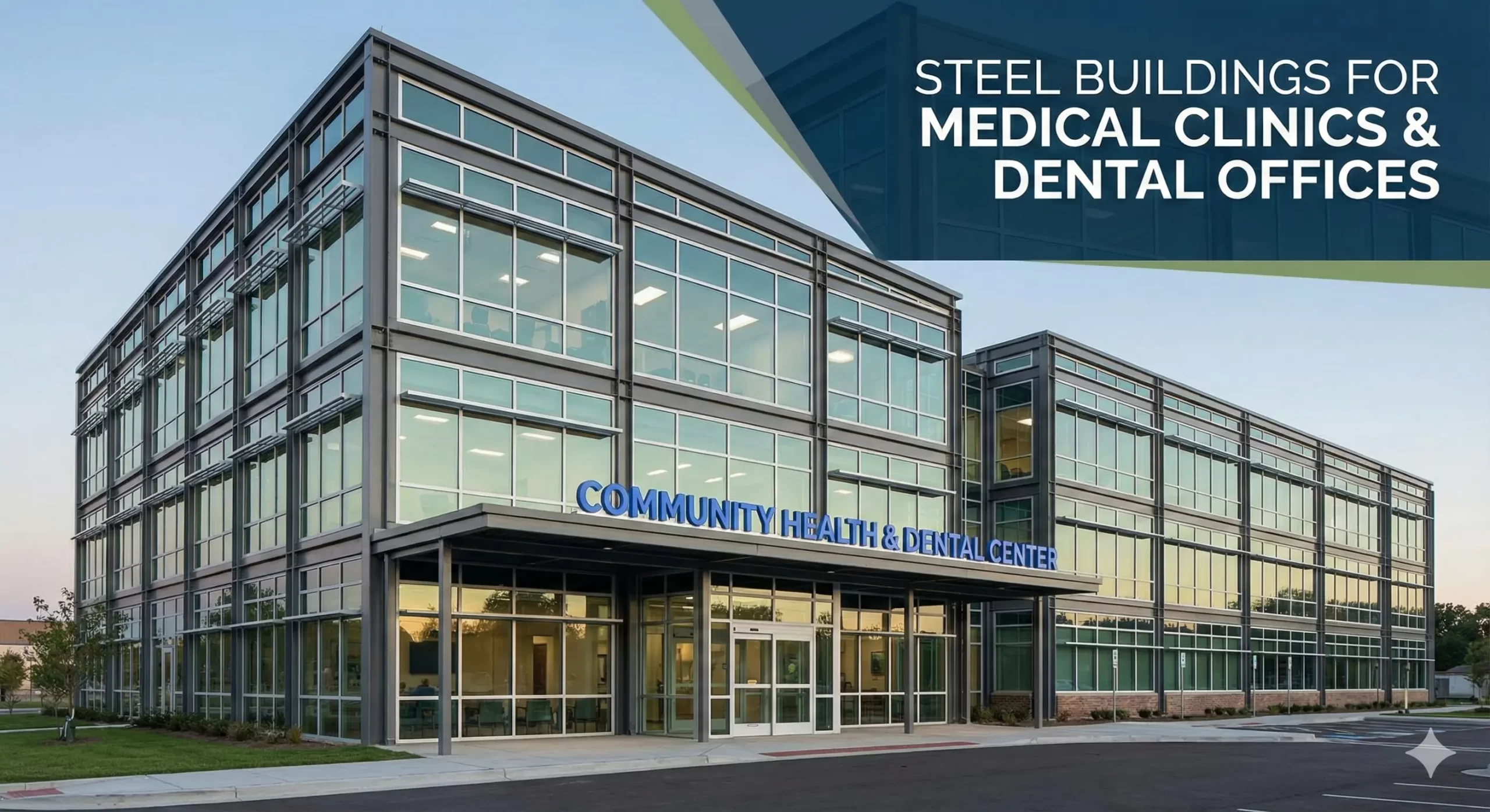 A modern steel-framed building housing a community health and dental center, with large glass windows.