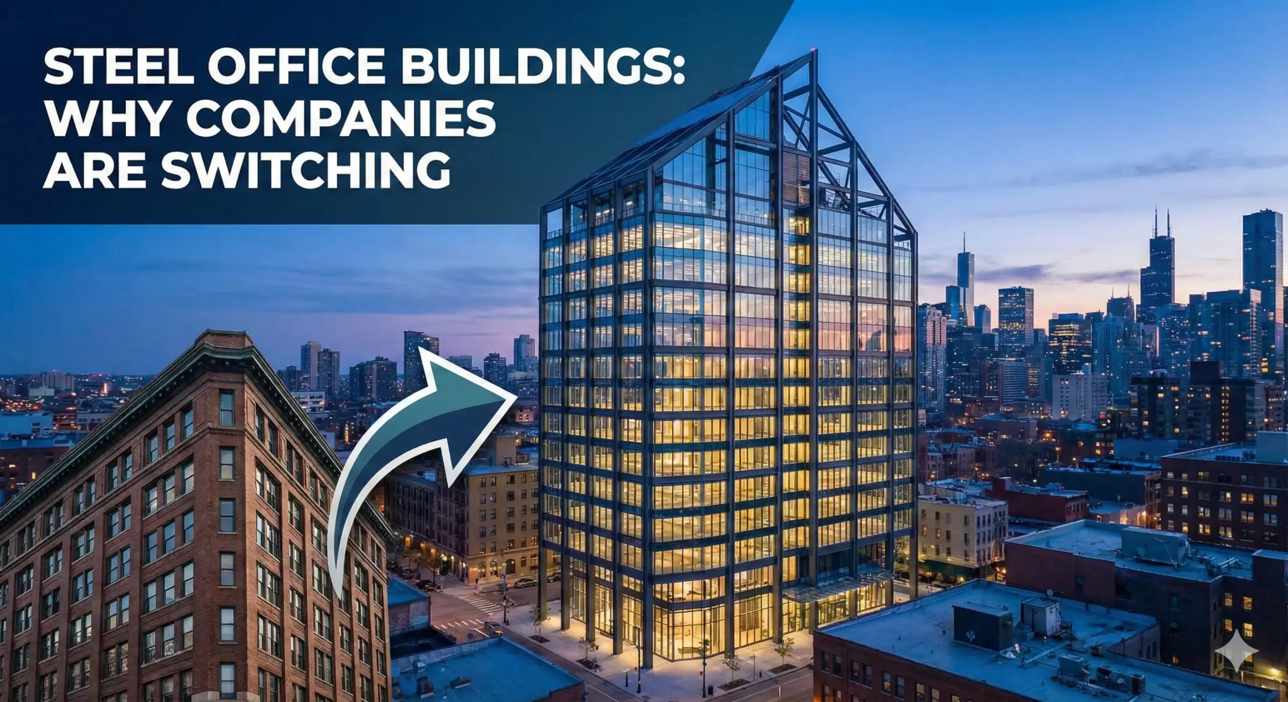 Modern steel office tower replacing older brick building in city skyline at dusk sceneurba