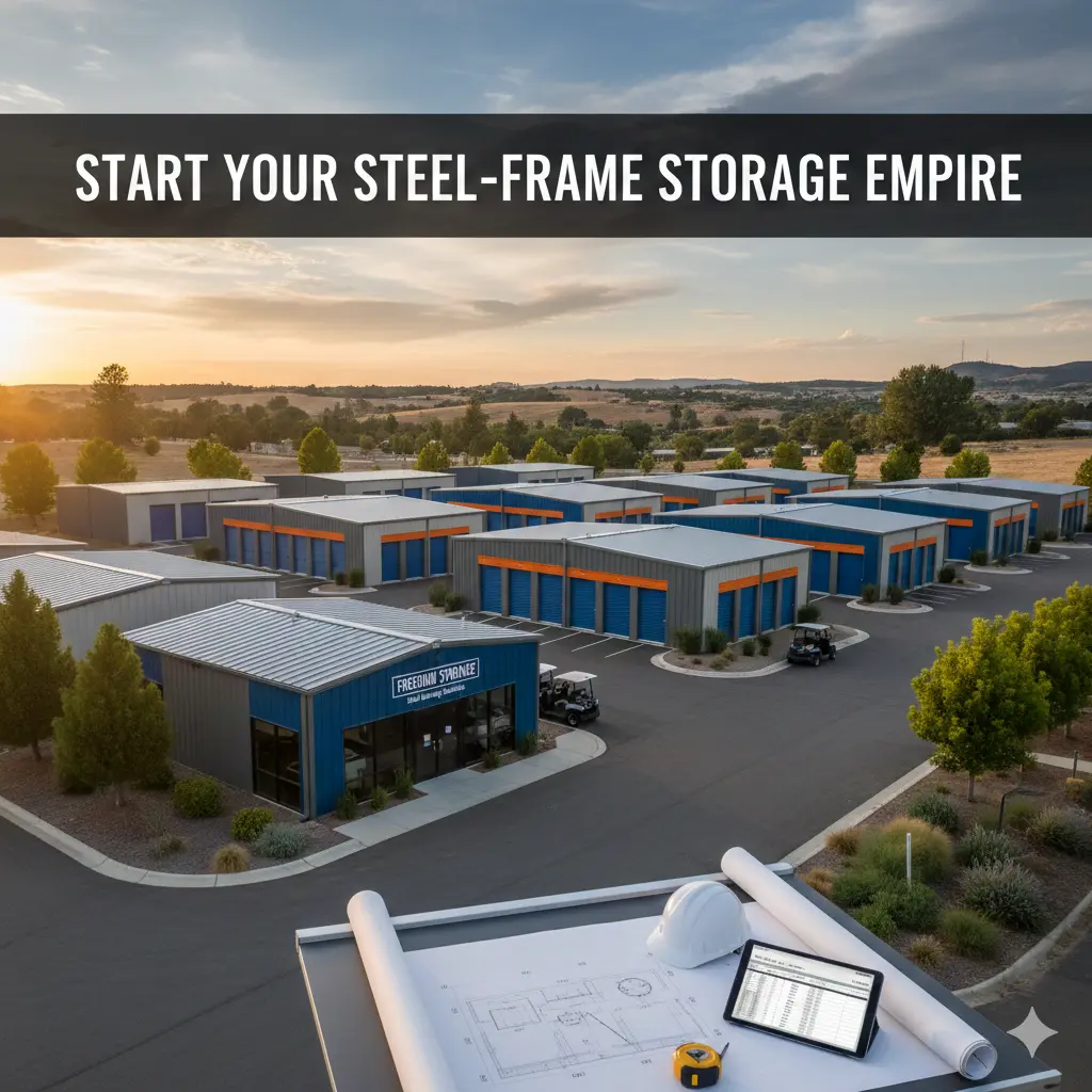 Aerial view of a modern steel-frame self-storage facility with blue and orange accents.