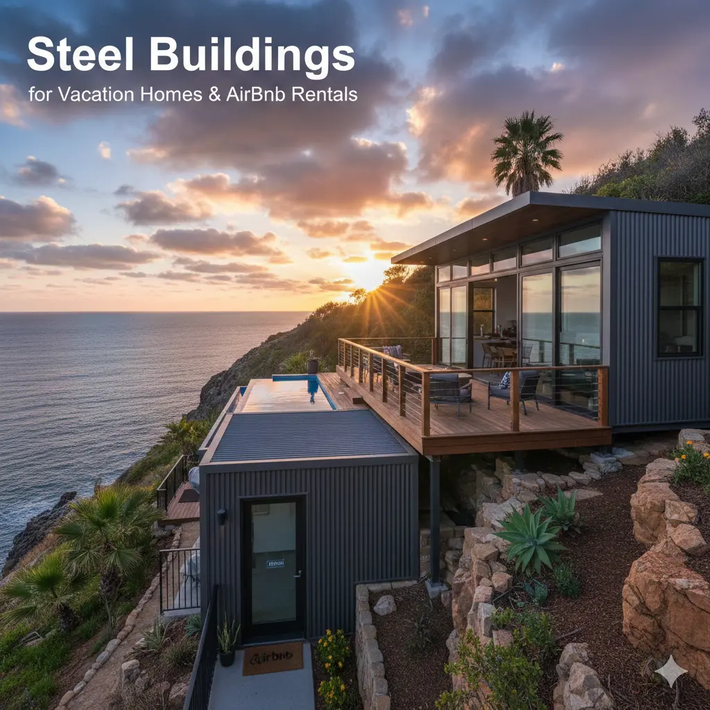 Modern steel vacation home on a coastal cliff at sunset with ocean views and text.