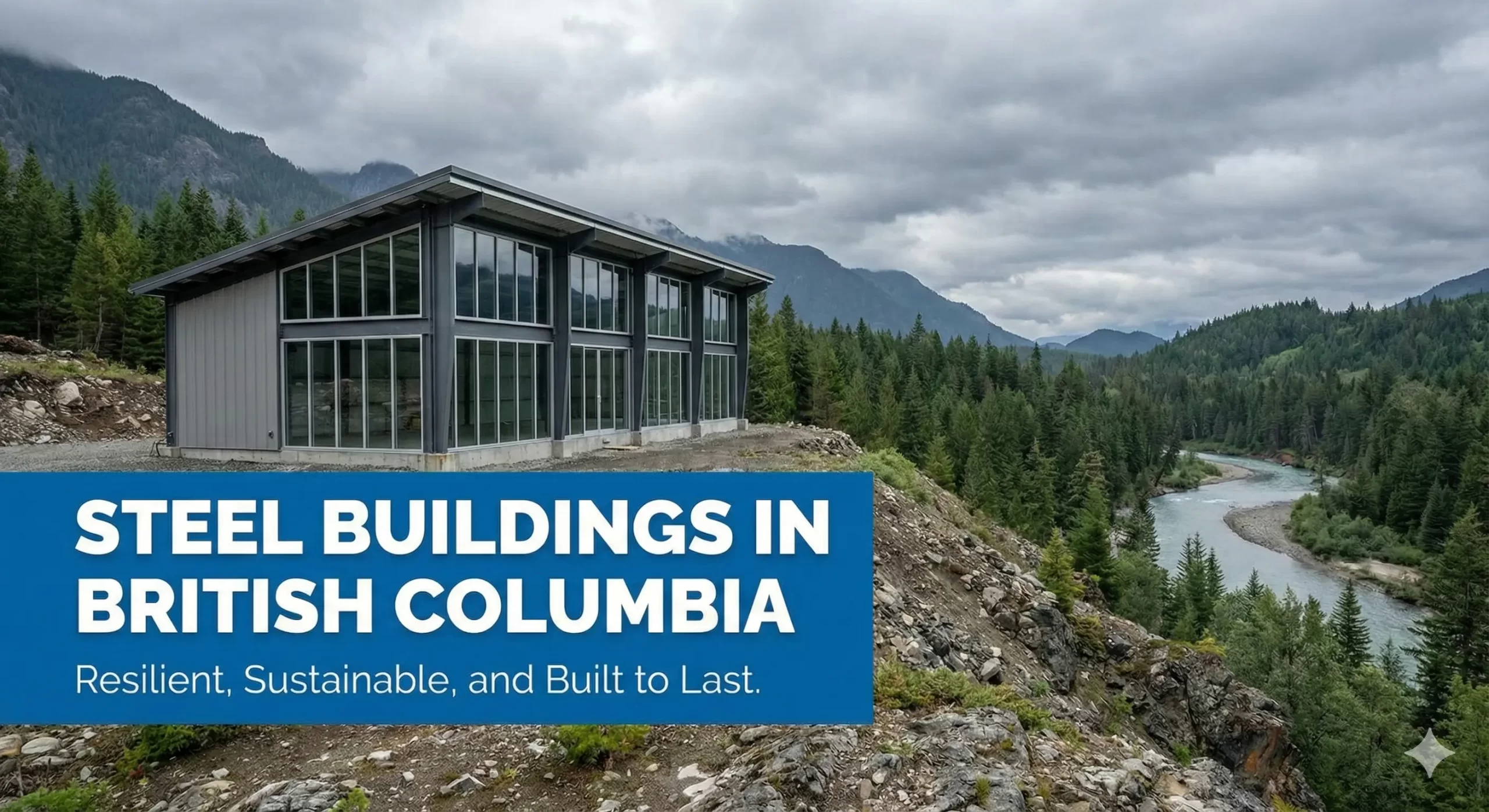 Steel building overlooking forested river valley in British Columbia mountains under cloudy sky