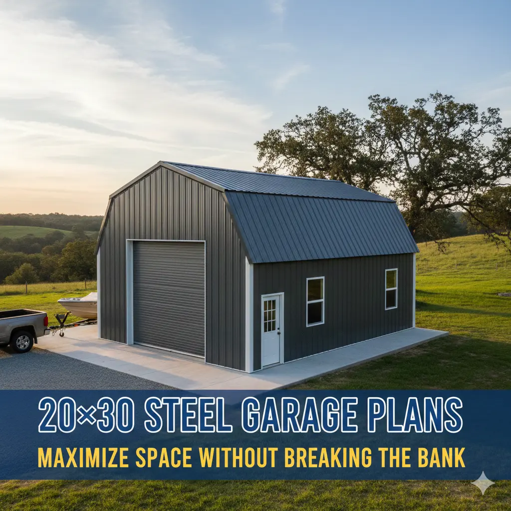 Grey 20x30 steel garage with a gambrel roof in a field with a truck and boat.