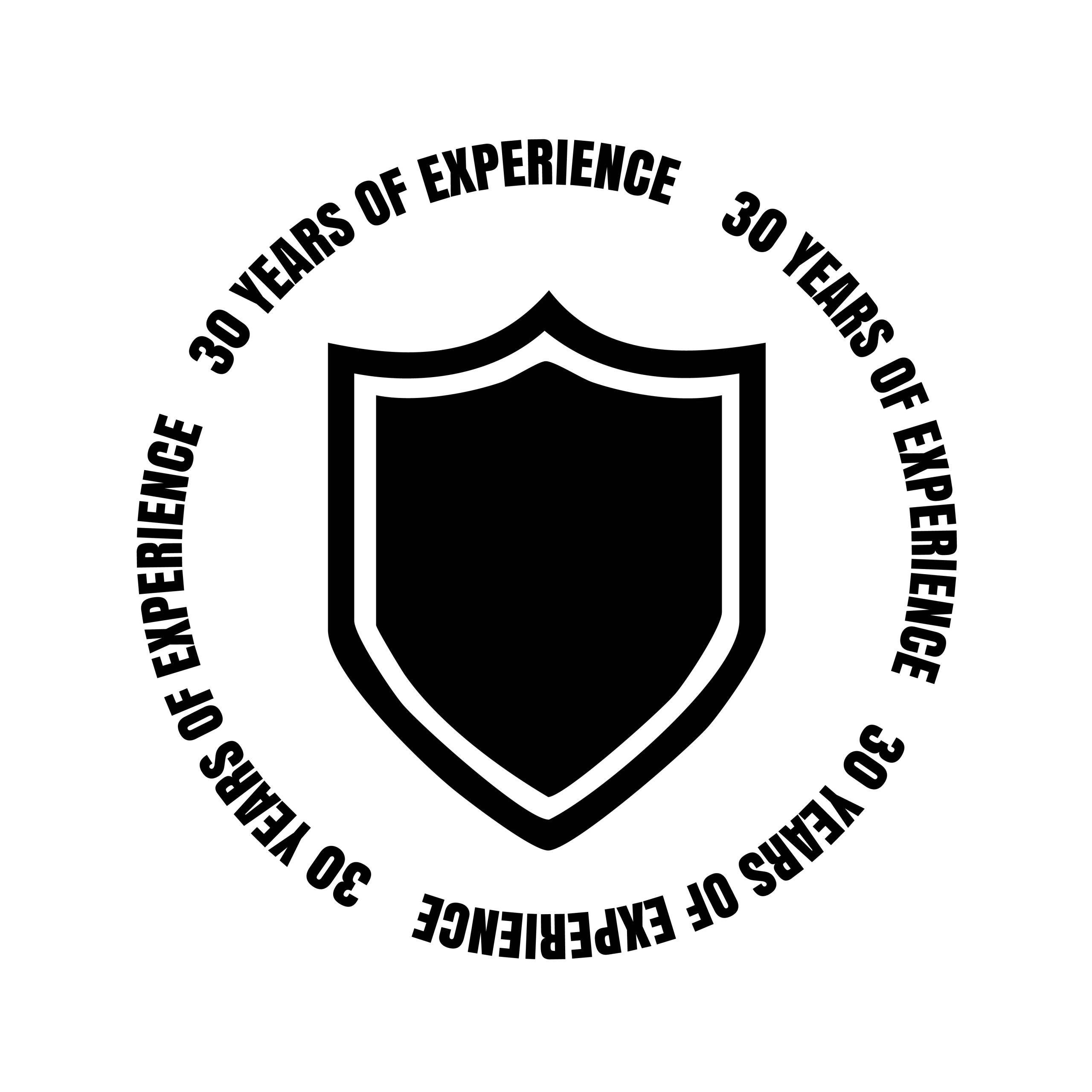 Black shield icon with "30 YEARS OF EXPERIENCE" written in a circle around it.