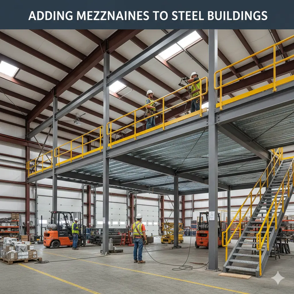 Workers on a steel mezzanine with yellow railings inside a large industrial building.