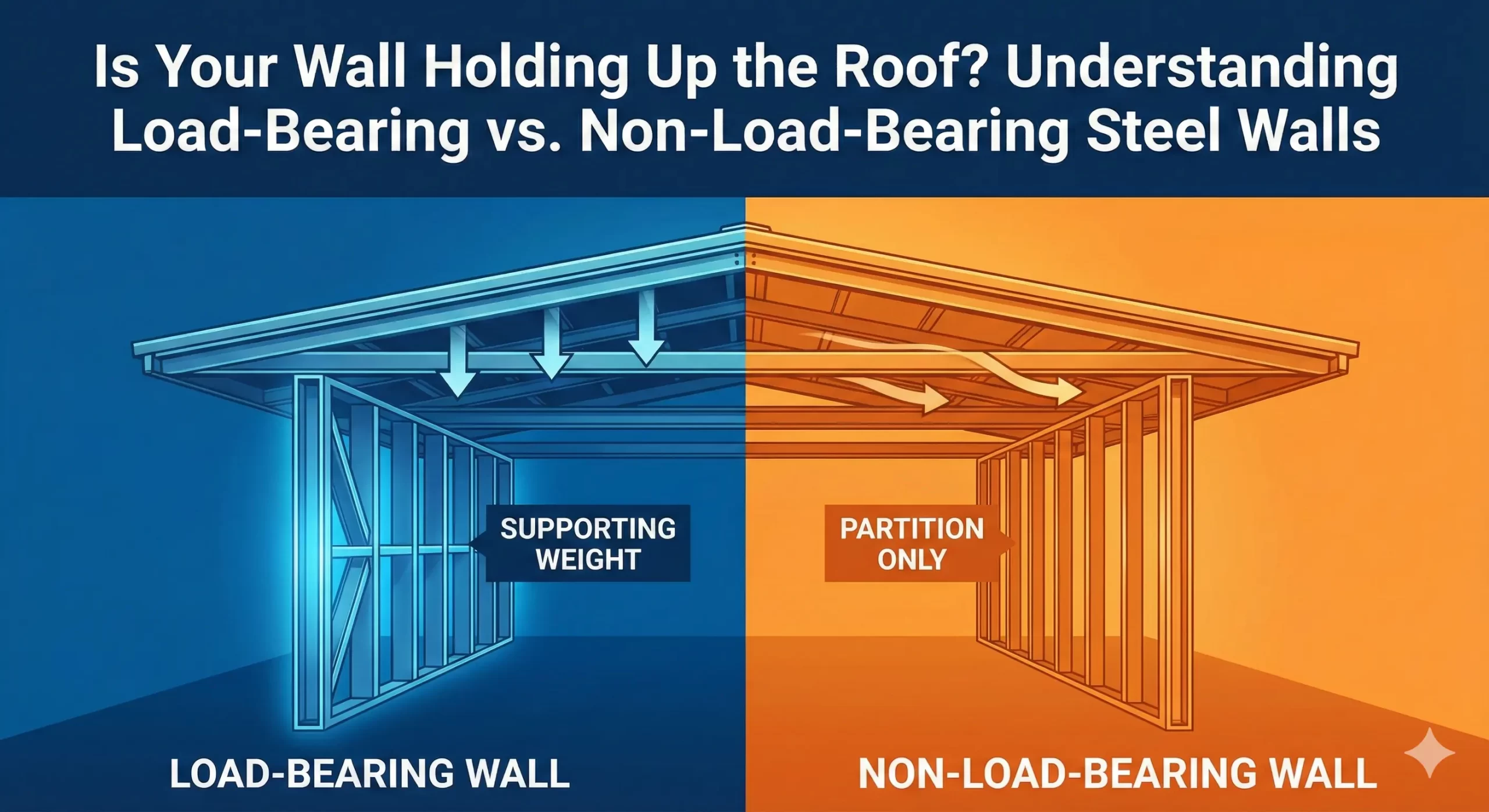 Diagram comparing load-bearing vs. non-load-bearing steel walls and roof weight support.