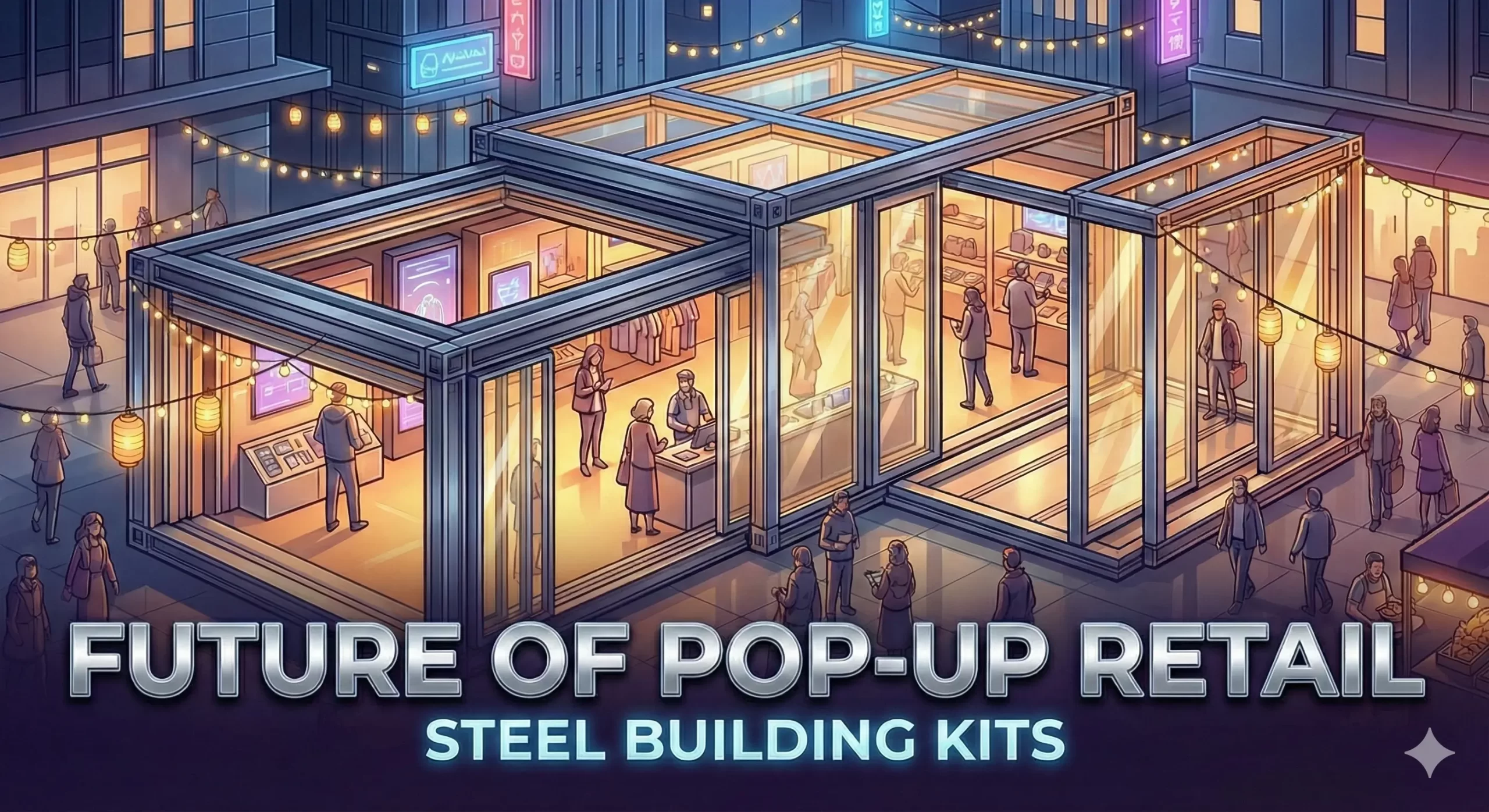 Modern pop-up retail space with steel building kits, bustling with shoppers and lights.