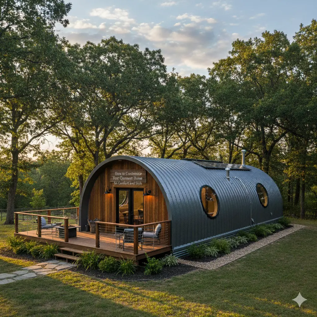 Modern grey quonset home with circular windows and a wooden deck in a wooded area.