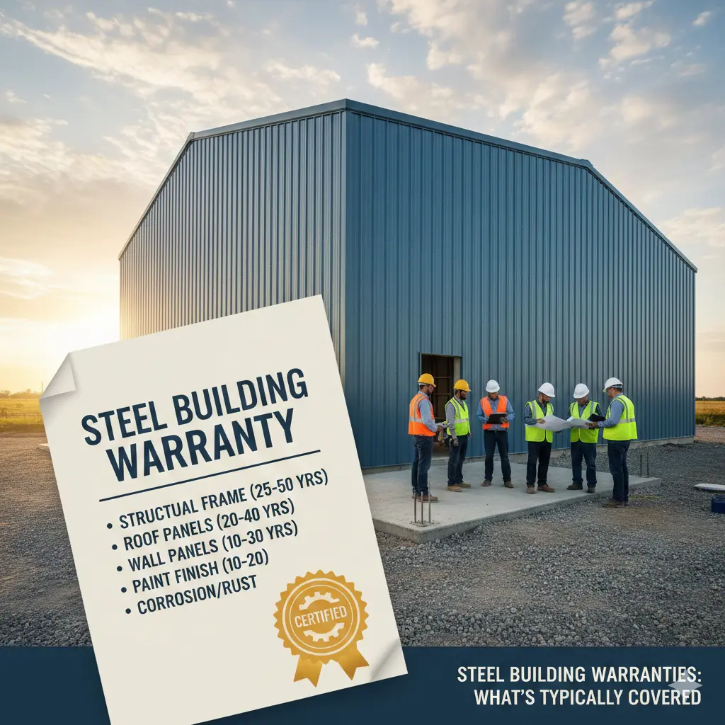 Infographic listing steel building warranty coverage for structural frame and panels.