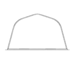 Line drawing of a peaked arched metal building profile with slanted walls.