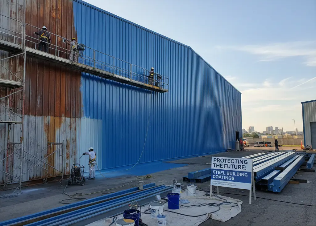 Workers spray-painting a rusted industrial building with blue protective coating.